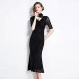 runhufu Industry Hot Diamond Mesh Yarn Designer Temperament Three-Dimensional Flowers V Receive Waist Thin Short Sleeve Dress
