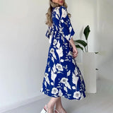 runhufu Women's Summer V-Necked Print Skirt High Waist-Comfort Temperament Open-Broken Flower Dress
