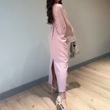 runhufu Women's Autumn Round-Neck Long Sleeve Splicing Long Skirts To Repair Height Waist Skirt Women