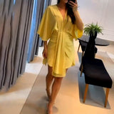 runhufu Summer New Women's Fashion V-Neck Simple Irregular Dress