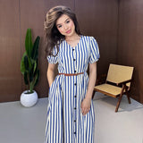 runhufu Solid-Color V-Neck Short-Sleeved Multi-Button Belt Casual Dress In Autumn 2025