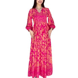 runhufu Women's Autumn New V-Necked Lantern Sleeve Print High-Waist Retro Long Dress