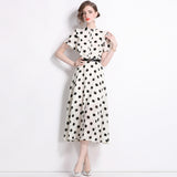 runhufu Lotle Leaf Short-Sleeved Single Buckle Tidling With Belt Dot Wave Point Princess Wind Swing Dress 2024 Summer New