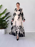 runhufu Summer Summer V-Neck Button Black And White Printed Dress
