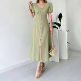 runhufu Women's Summer French V-Neck Bubble Bubble Sleeve High Waist Open Temperament With Long Dress