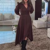 runhufu Women's Autumn V-Neck Long-Sleeved Collar With Irregular Dress