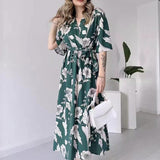 runhufu Women's Summer V-Necked Print Skirt High Waist-Comfort Temperament Open-Broken Flower Dress