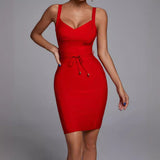 runhufu Women's Bandage Dress New Multi-Color V-Neck Sling Fashion Belt Tight Bandage Skirt