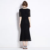 runhufu Industry Hot Diamond Mesh Yarn Designer Temperament Three-Dimensional Flowers V Receive Waist Thin Short Sleeve Dress