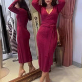 runhufu Women's Autumn V-Neck Long Sleeve Knitted High Waisted Tice With A Tinged Dress