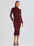 runhufu New Women's Dress Sexy Bag Hip Hot Diamond Fork Long Sleeve Dress