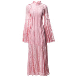 runhufu Style Collar Lace Splicing Horn Long Sleeve Long Dress Dress Spring And Summer New Women's Dress 2024