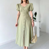 runhufu Women's Summer French V-Neck Bubble Bubble Sleeve High Waist Open Temperament With Long Dress