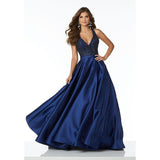 runhufu Dress Deep V-Neck Bare Back Sexy Tail Deep Blue Delicate Nail Bead Noble Dress Banquet Banquet Host Dress Dress