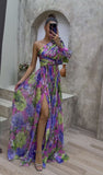 runhufu New Women's Sexy Slant Shoulder Shoulder Long Sleeves Crumped Floral Dress Dress High-End Big Smash Floral Dress