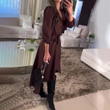 runhufu Women's Autumn V-Neck Long-Sleeved Collar With Irregular Dress
