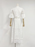 runhufu Australian Round Neck Lantern Sleeve Short Sleeve Water-Soluble Lace Splicing Holiday Style Temperament White Dress Dress