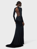 runhufu Women's Sexy V-Necked Long-Sleeved Banquet Evening Dress Dress Body-Dragging Skirt