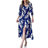 runhufu Women's Summer V-Necked Print Skirt High Waist-Comfort Temperament Open-Broken Flower Dress