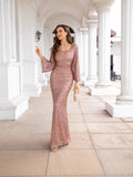 runhufu New Fashion V-Necked Hips Brighten Dress Mid-Waisted Horn Sleeve Long Evening Dress