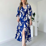 runhufu Women's Summer V-Necked Print Skirt High Waist-Comfort Temperament Open-Broken Flower Dress