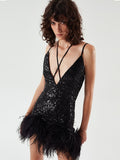 runhufu Women's Sexy V-Necked Dress High-End Temperament Cane Stitched Feathered Ass Skirt Dress Dress