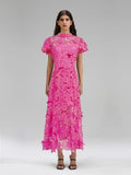 runhufu Lace Dress Women's Summer 2025 Three-Dimensional Flowers Short Sleeves To Show Thin Temperament Rose Red Dress Dress