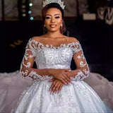 New Flesh-Colored Lace-Net Wedding Dress African Bride Long-Sleeved Diamond Decorated With Large Tailed White Wedding Dress Summer
