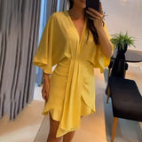 runhufu Summer New Women's Fashion V-Neck Simple Irregular Dress