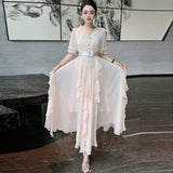 runhufu V-Neck Long-Sleeved Lace Splicing Black Irregular Swing Dress Spring And Summer Women's New 2024