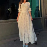runhufu Women's Summer V-Neck Lantern Half-Sleeved High-Waisted Temperament Splicing Dress