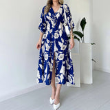 runhufu Women's Summer V-Necked Print Skirt High Waist-Comfort Temperament Open-Broken Flower Dress