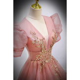 runhufu Evening Dress Dress Female Solid Color Host V Lead French Princess Vocal Art Test Solo Performance Dress Pink