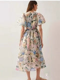 runhufu Dress 2025 Summer Seaside Vacation V Collar Bubble Sleeves Short Sleeve Splicing Big Swing Long Skirt Tide