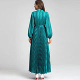 runhufu Style V-Neck Lantern Long-Sleeved With Blue Folded Dress Dress Dress Women's New Autumn/Winter 2024