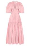 runhufu Niche 2024 Summer Wind V Collar Bubble Sleeves Short Sleeve Splicing Folds To Collect Waist Pink Dress Dress