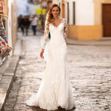 Bride Long-Sleeved Wedding Dress 2025 Summer New Simple Thin Deep V Collar Dew Small Tail Shot Soft Yarn Lace