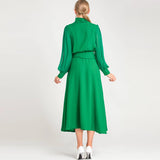 runhufu Spring And Summer Women's New Sexy Irregular Collar Long Sleeves Long-Sleeved Puffy Green Dress Dress Dress