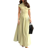 runhufu Women's Summer Round Neck Short Sleeve Splicing Irregular Pressure High-Waisted Skirt