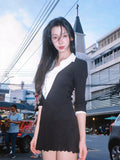 runhufu Mengling With A Retro Shirt Collar Splicing V-Neck Dress Autumn And Winter High-End Black And White Folding Dress