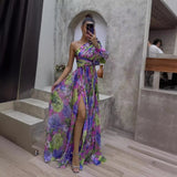 runhufu New Women's Sexy Slant Shoulder Shoulder Long Sleeves Crumped Floral Dress Dress High-End Big Smash Floral Dress