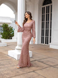 runhufu New Fashion V-Necked Hips Brighten Dress Mid-Waisted Horn Sleeve Long Evening Dress