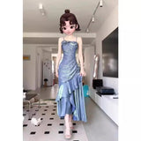 runhufu Dress New French Masquein Blue Hanging Dress Female Summer At-Aug Princess Birthday Dress