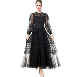 runhufu Industry Water-Soluble Flowers Hollow Long-Sleeved Lotus Side Princess Wind Black Dress New Women's Spring And Summer 2025