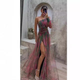 runhufu New Women's Sexy Slant Shoulder Shoulder Long Sleeve Broken Flower Dress Dress High-End Big Swing Flowers