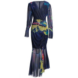 runhufu V-Neck Long-Sleeved Elegant Print Irregular Fishtail Dress Dress Women's Autumn New 2025