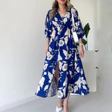 runhufu Women's Summer V-Necked Print Skirt High Waist-Comfort Temperament Open-Broken Flower Dress
