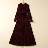 runhufu Hollow Embroidered Long-Sleeved Wine Red Velvet Princess Dress Dress Autumn And Winter Women's Dress New 2025