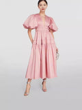 runhufu Niche 2024 Summer Wind V Collar Bubble Sleeves Short Sleeve Splicing Folds To Collect Waist Pink Dress Dress