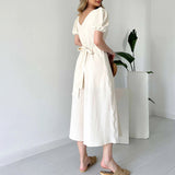 runhufu Women's Summer French V-Neck Bubble Bubble Sleeve High Waist Open Temperament With Long Dress